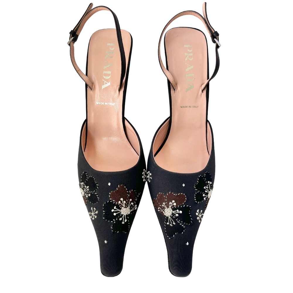 Vintage Prada Navy Slingback Heels Flower Design IT 39.5